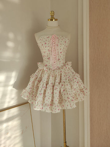 A line Strapless Floral Holiday Dress Travel Vacation Dresses Short Chiffon Birthday Dress SD1262 HZ0628